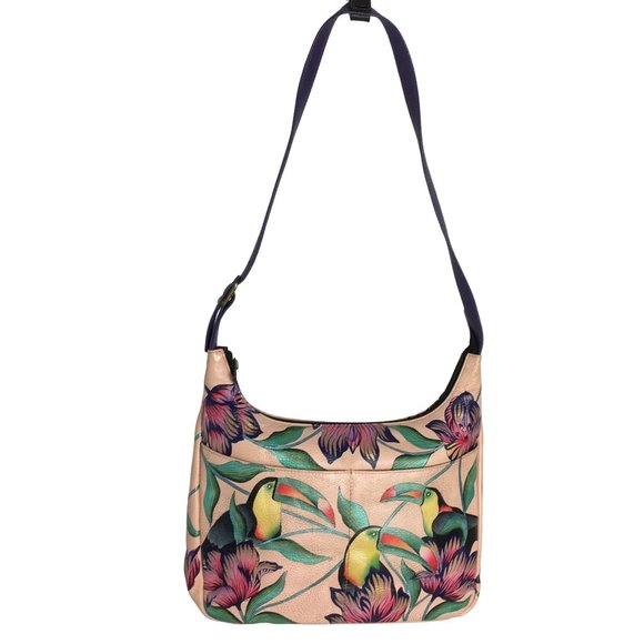 Anuschka  NEVER USED Handpained Leather Shoulder Bag Tropical Toucans - Picture 1 of 10